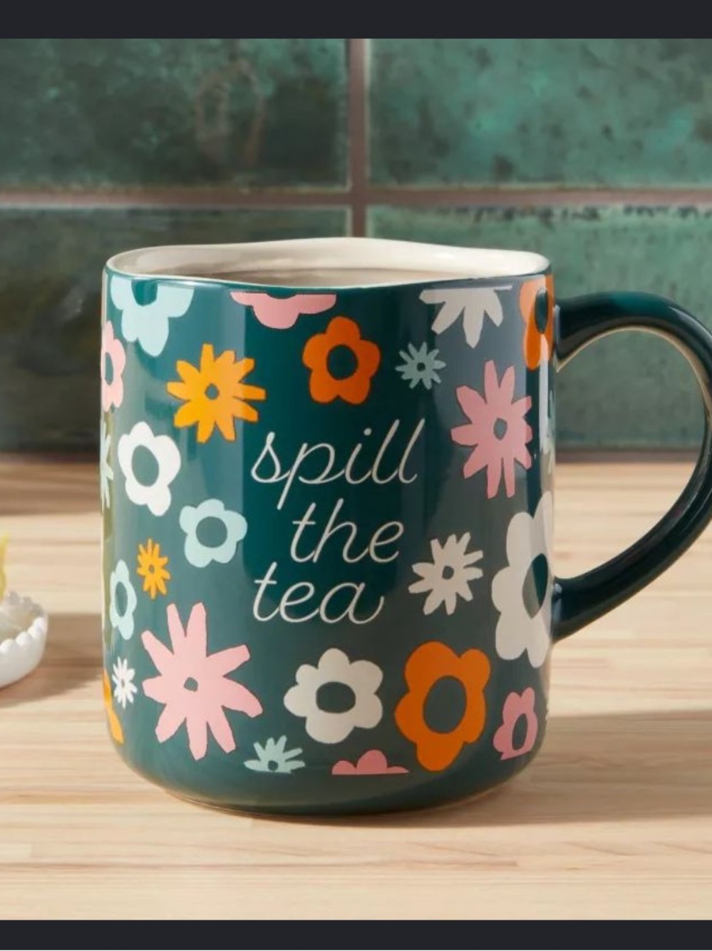 Floral "Spill the Tea" Ceramic Mug - Teal with Multicolor Flowers